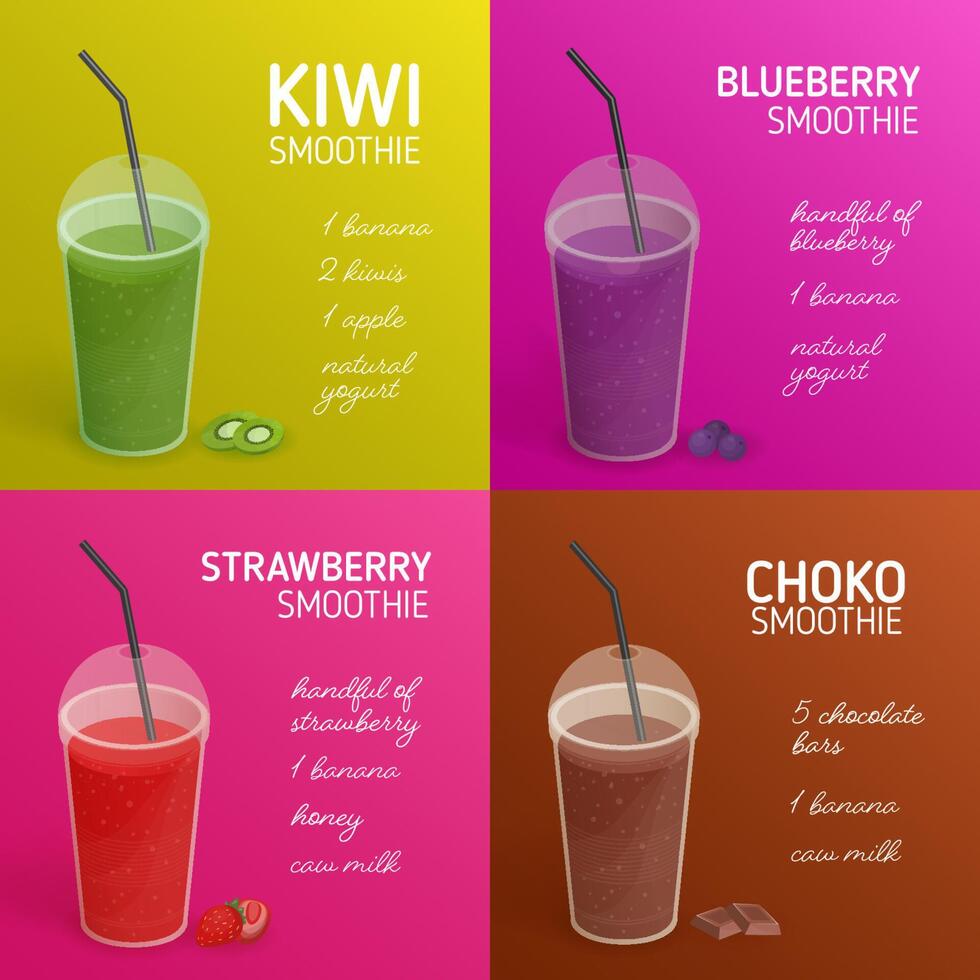 Collection of smoothie or cocktail recipes with colorful drinks made of tropical fruits, berries, chocolate and place for text. Beverages in plastic glasses with lid and straw. illustration. vector