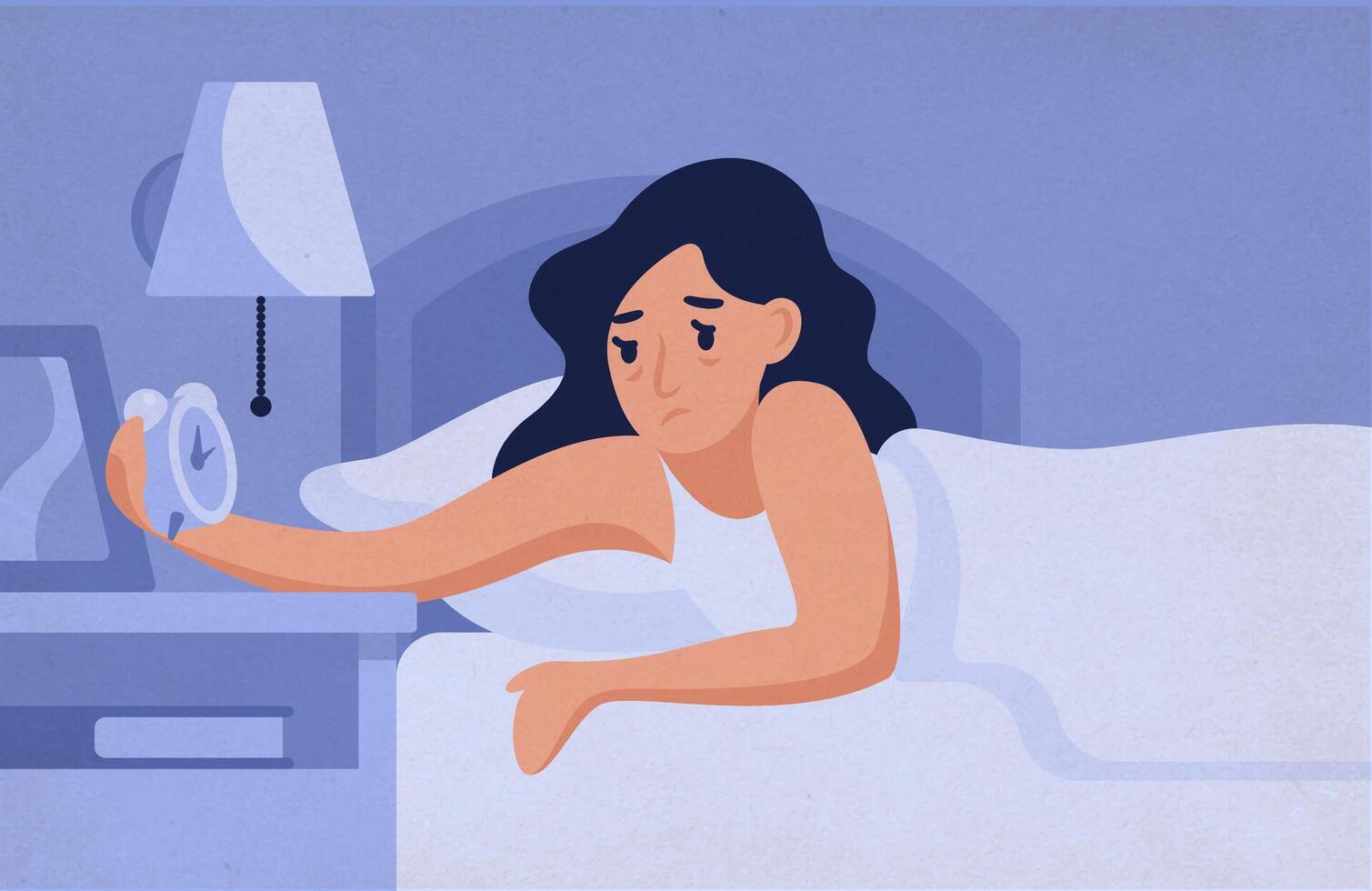 Sleepy woman lying on bed and looking at alarm clock at night. Female insomniac trying to fall asleep. Problem of insomnia, sleeplessness, sleep disorder. illustration in flat cartoon style. vector