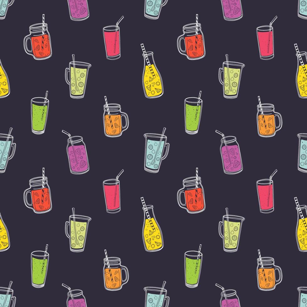 Colorful seamless pattern with refreshing soft drinks, tasty juices or smoothies in glasses, jugs, jars and bottles on black background. illustration for wrapping paper, textile print. vector