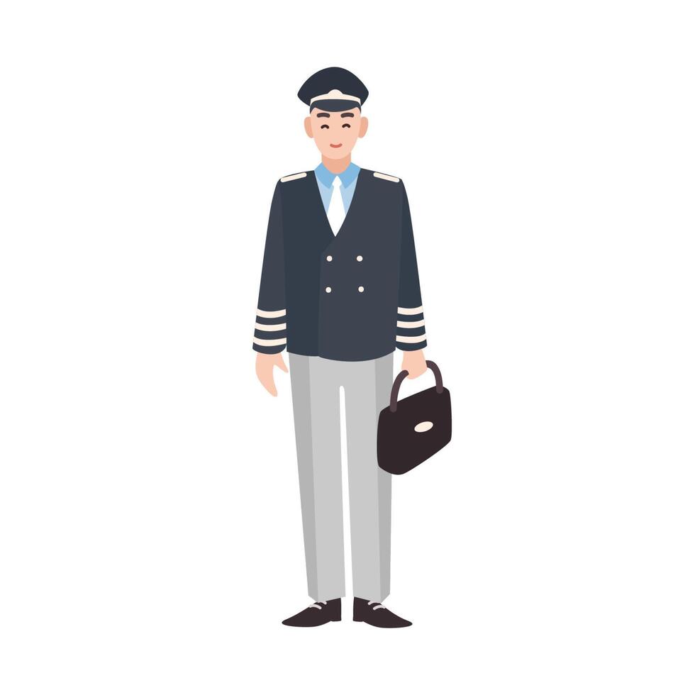 Smiling civilian aircraft pilot, aircrew captain, aviator or airman dressed in uniform. Cheerful male cartoon character isolated on white background. Colorful illustration in flat style. vector