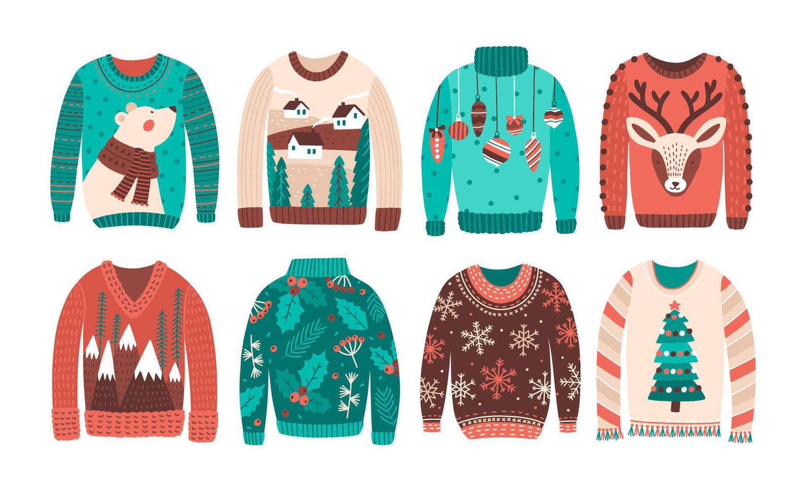 Bundle of ugly Christmas sweaters or jumpers isolated on white background. Set of seasonal knitted warm winter clothing with weird prints. Colorful illustration in flat cartoon style. vector