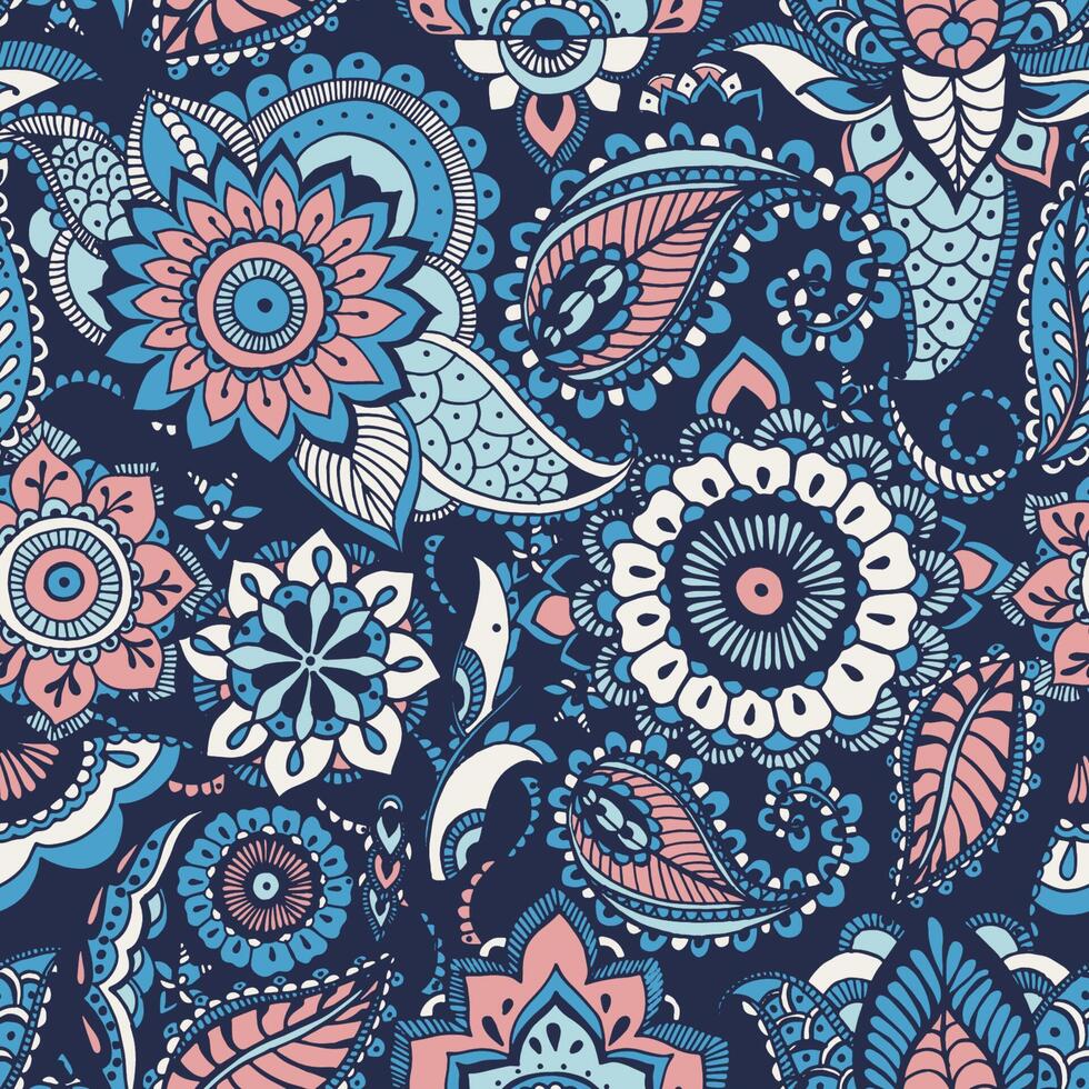 Turkish paisley seamless pattern with buta motifs and Arabic floral mehndi elements on blue background. Colorful decorative illustration for fabric print, wallpaper, wrapping paper, backdrop. vector