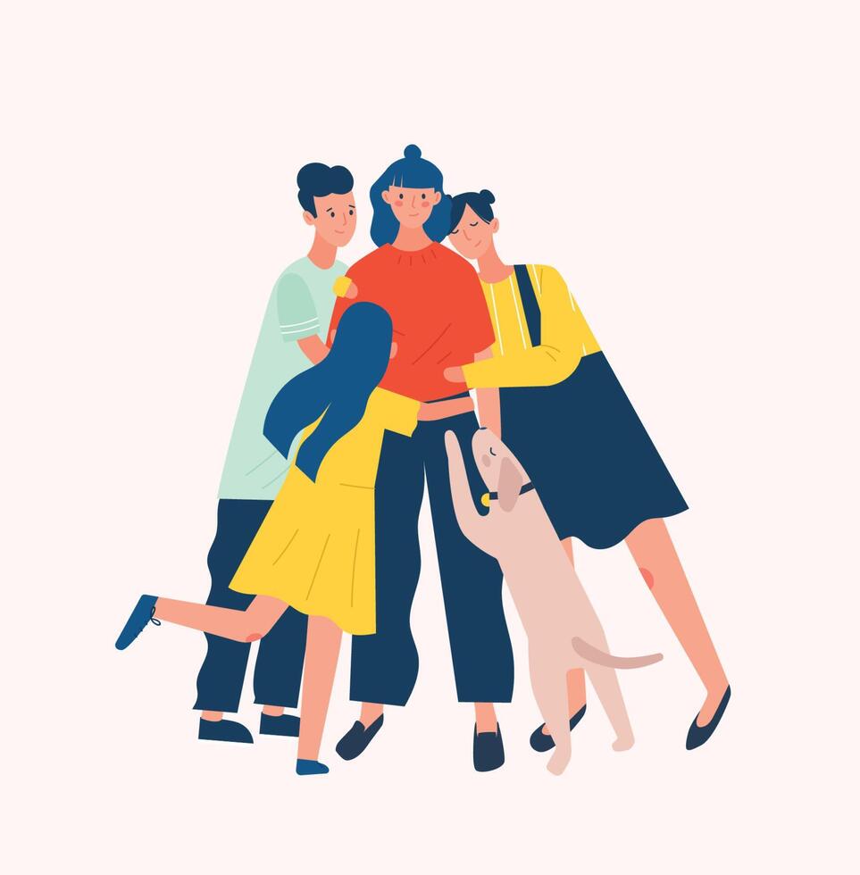 Group of people and dog surrounding and hugging or embracing young woman. Friends' support, care, love and acceptance. True friendship. Bright colored illustration in flat cartoon style. vector