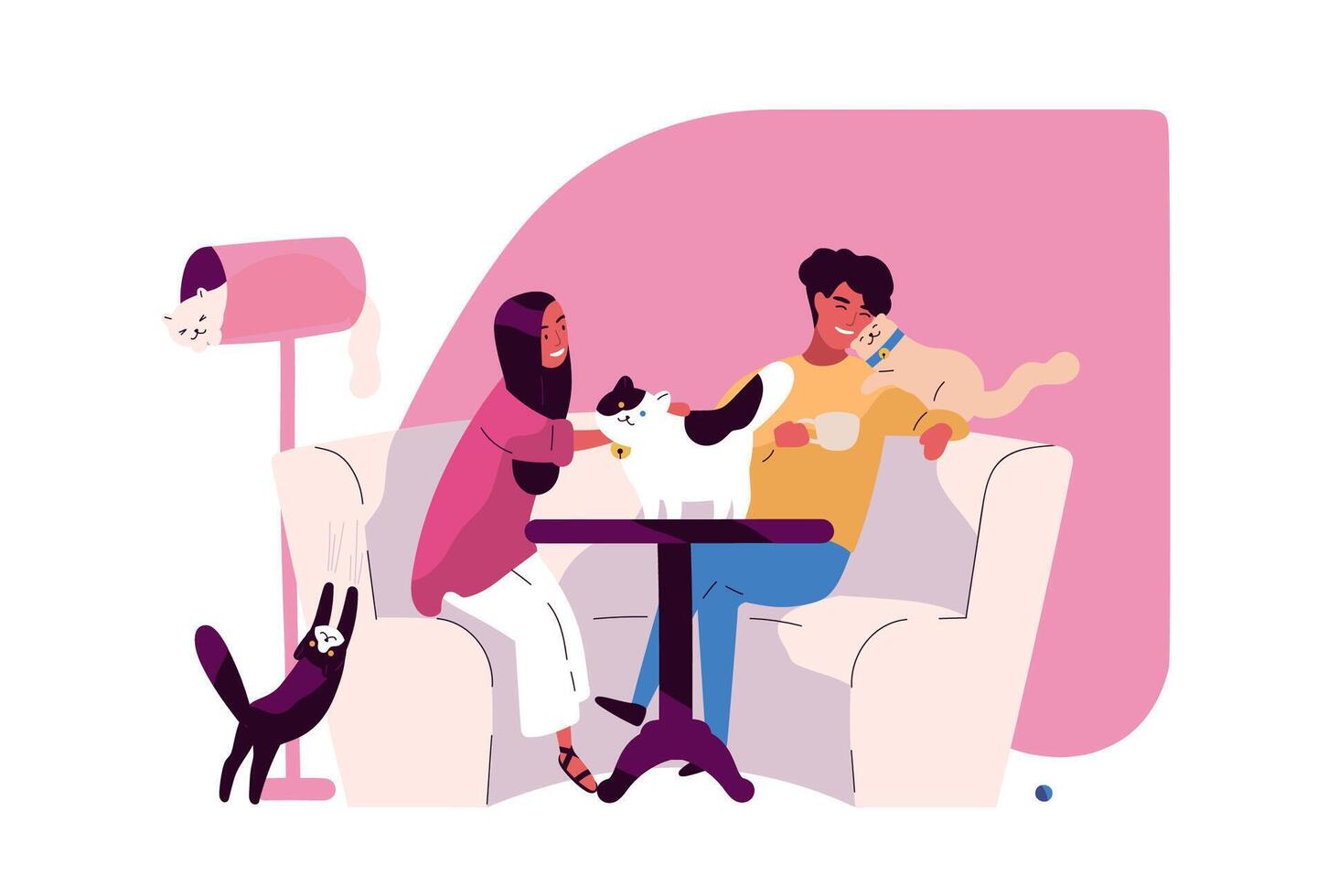 Pair of romantic partners at cat cafe. Joyful man and woman sitting at table and drinking coffee with funny domestic animals or pet kitties. Colorful illustration in flat cartoon style. vector