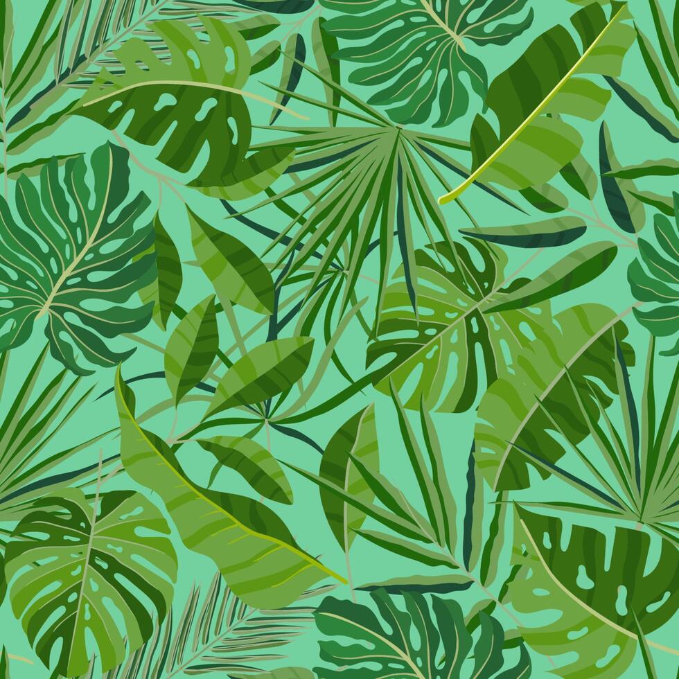 Summer seamless pattern with exotic foliage. Backdrop with leaves of jungle trees and palm branches on green background. Realistic illustration for fabric print, wrapping paper, wallpaper. vector