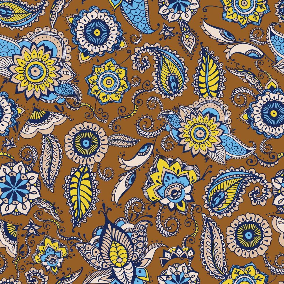 Floral paisley seamless pattern with traditional Persian buta motif and mehndi elements on brown background. Stylized illustration for textile print, wallpaper, wrapping paper, backdrop. vector