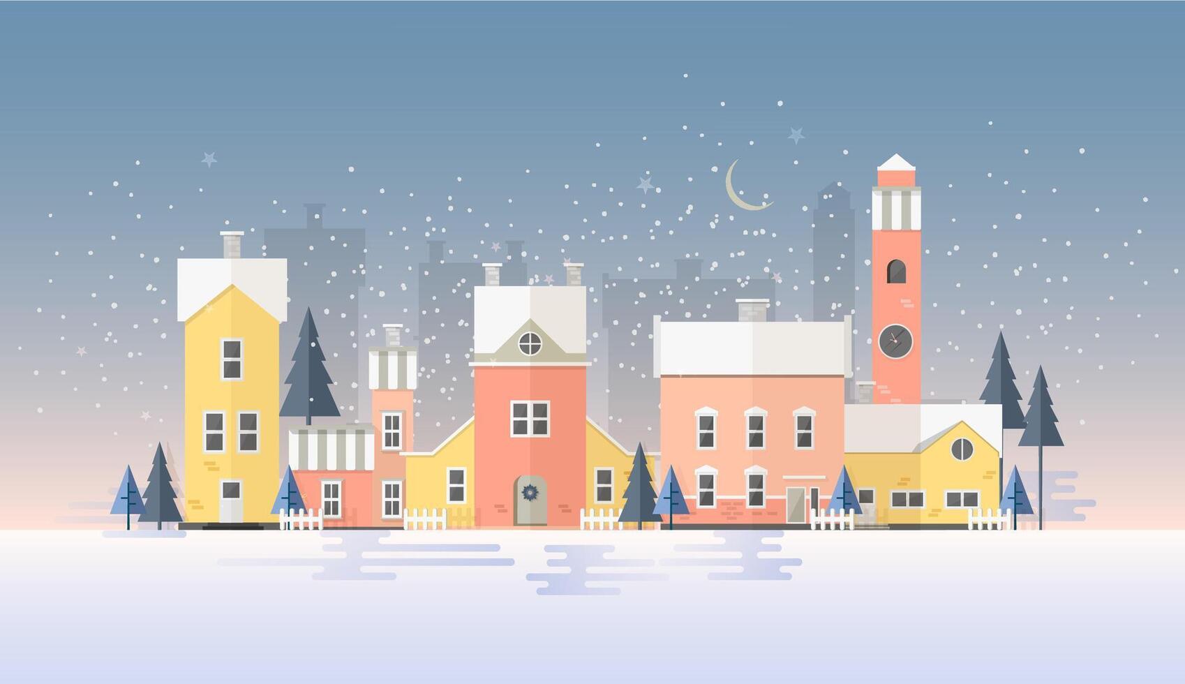 Horizontal winter cityscape with town in snowfall. Landscape with night city street, beautiful old buildings, towers and fir trees covered with snow. Colorful illustration in flat style. vector