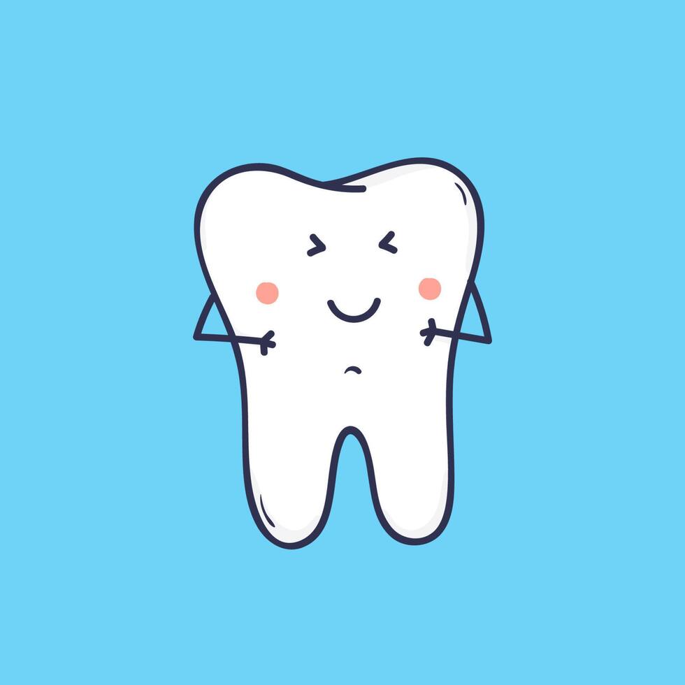 Adorable laughing molar tooth. Cute joyful mascot or symbol for dental clinic or orthodontic center. Funny cartoon character isolated on blue background. Colorful illustration in flat style. vector