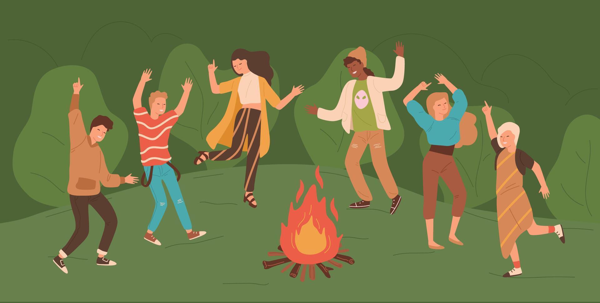 Group of happy young men and women dancing around bonfire in forest. People enjoying party in woods. Male and female cartoon characters jumping beside fire. Colorful illustration in flat style. vector