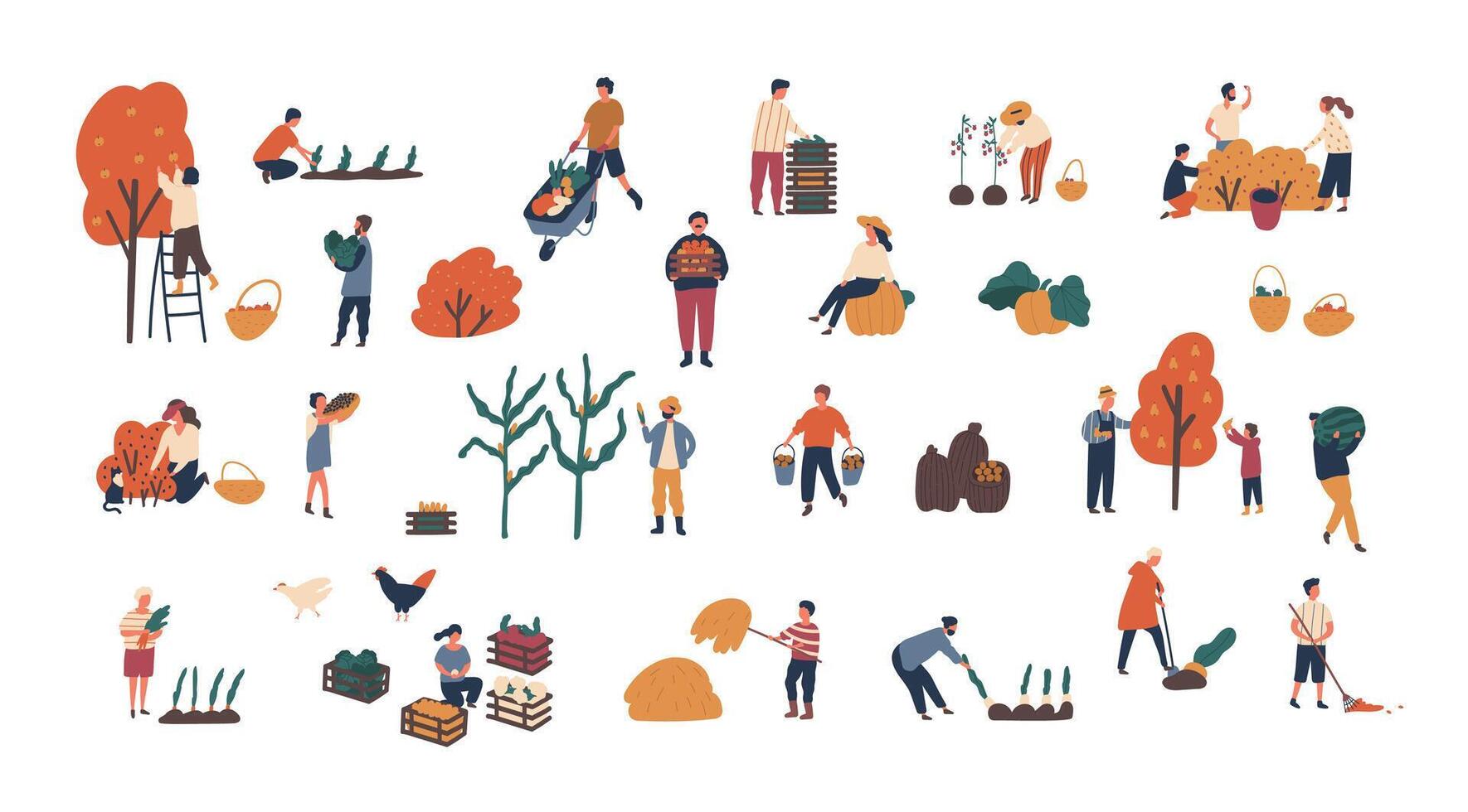 Crowd of tiny people gathering crops or seasonal harvest. Bundle of men and women collecting ripe fruits, berries and vegetables isolated on white background. Flat cartoon illustration. vector
