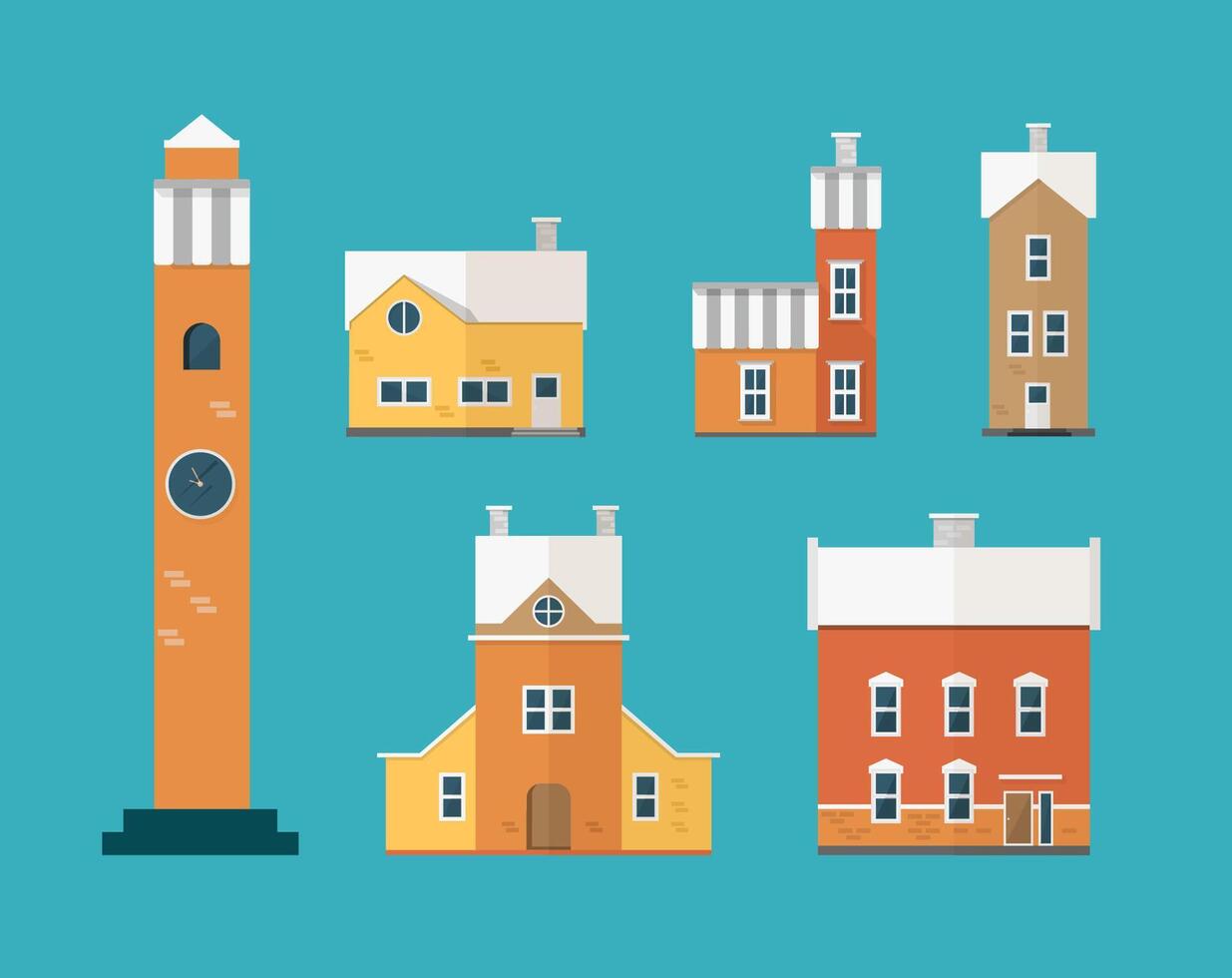 Collection of two-storey residential buildings and clock tower isolated on green background. Set of city or town houses of European architecture. Colorful illustration in flat cartoon style. vector