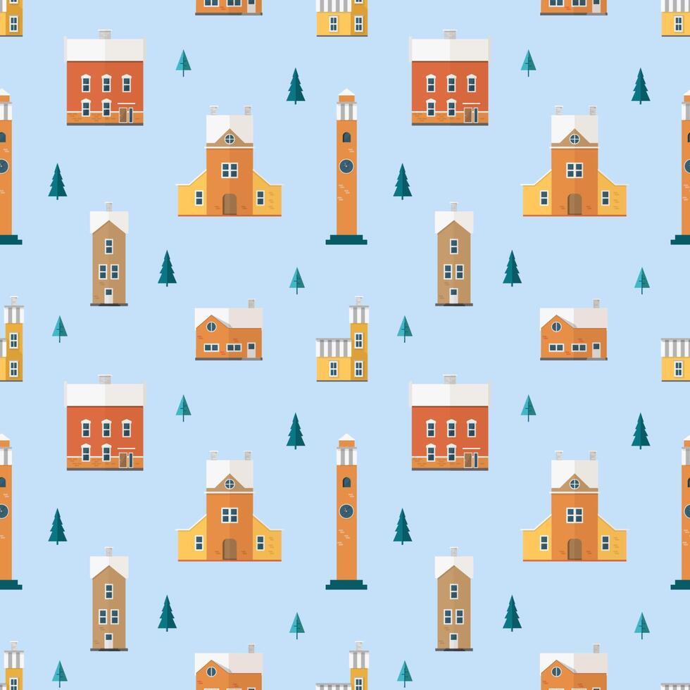 Seamless pattern with old buildings, clock towers, spruce trees. Backdrop with city houses of European architecture. Colorful illustration in flat cartoon style for wrapping paper, wallpaper. vector