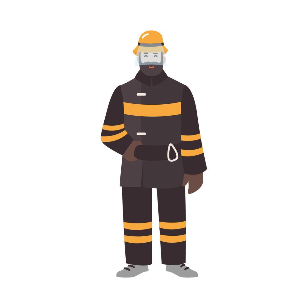 Firefighter, fireman or rescuer wearing fireproof protective clothes or uniform and helmet. Funny male cartoon character isolated on white background. Colorful illustration in flat style. vector