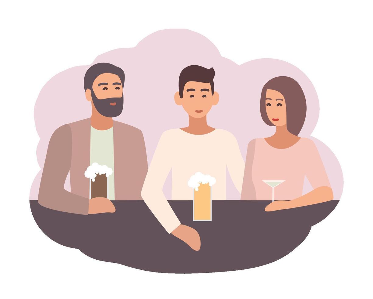 Smiling man sitting at bar counter with friends and drinking beer and cocktails. Male character spending time with mates. Daily life scene. Colorful illustration in flat cartoon style. vector