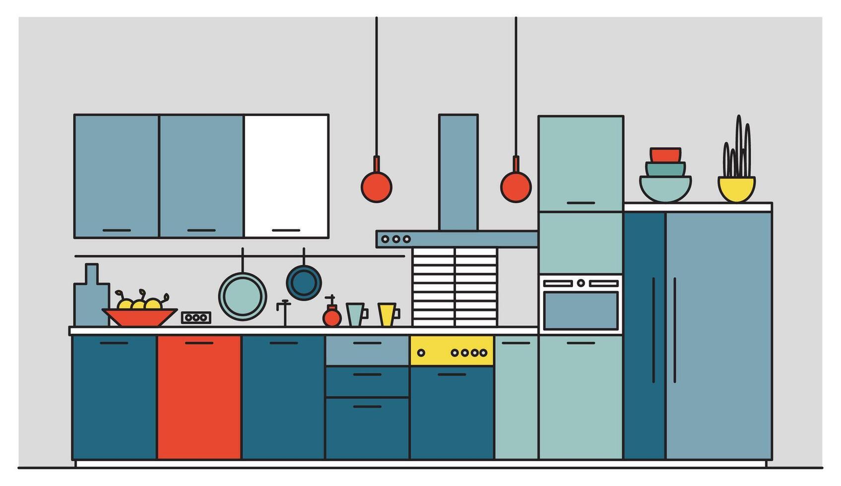 Kitchen full of modern furniture, household appliances, cookware, cooking facilities, equipment and home decorations. Elegant interior. Colorful illustration in trendy line art style. vector