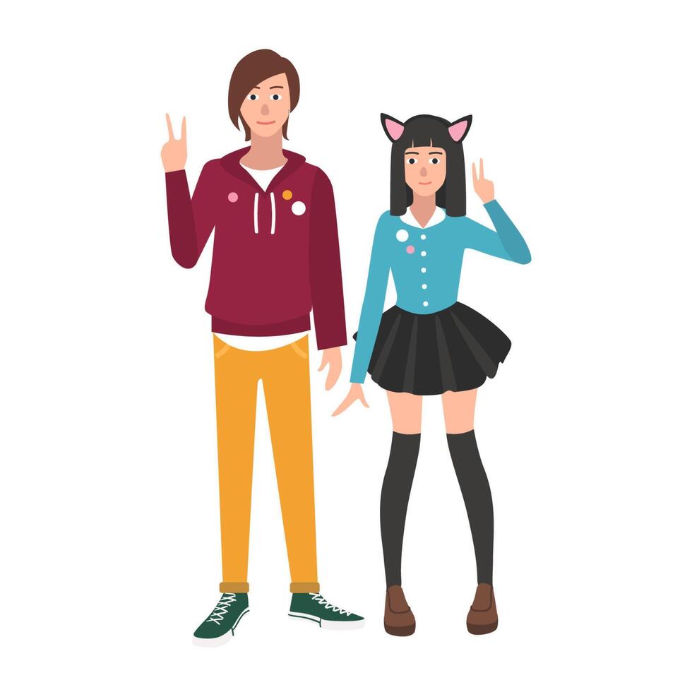 Pair of boy and girl Japanese anime and manga fans or lovers isolated on white background. Boyfriend and girlfriend. Otaku subculture or counterculture. illustration in flat cartoon style. vector