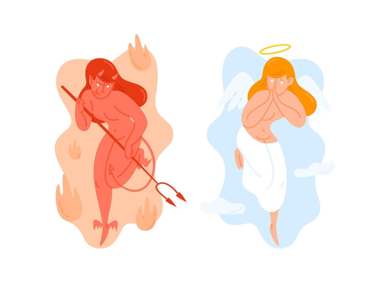 Angel with wings and Devil holding pitchfork. God and Satan. Heaven and hell creatures. Good and evil female cartoon characters isolated on white background. Colorful flat illustration. vector