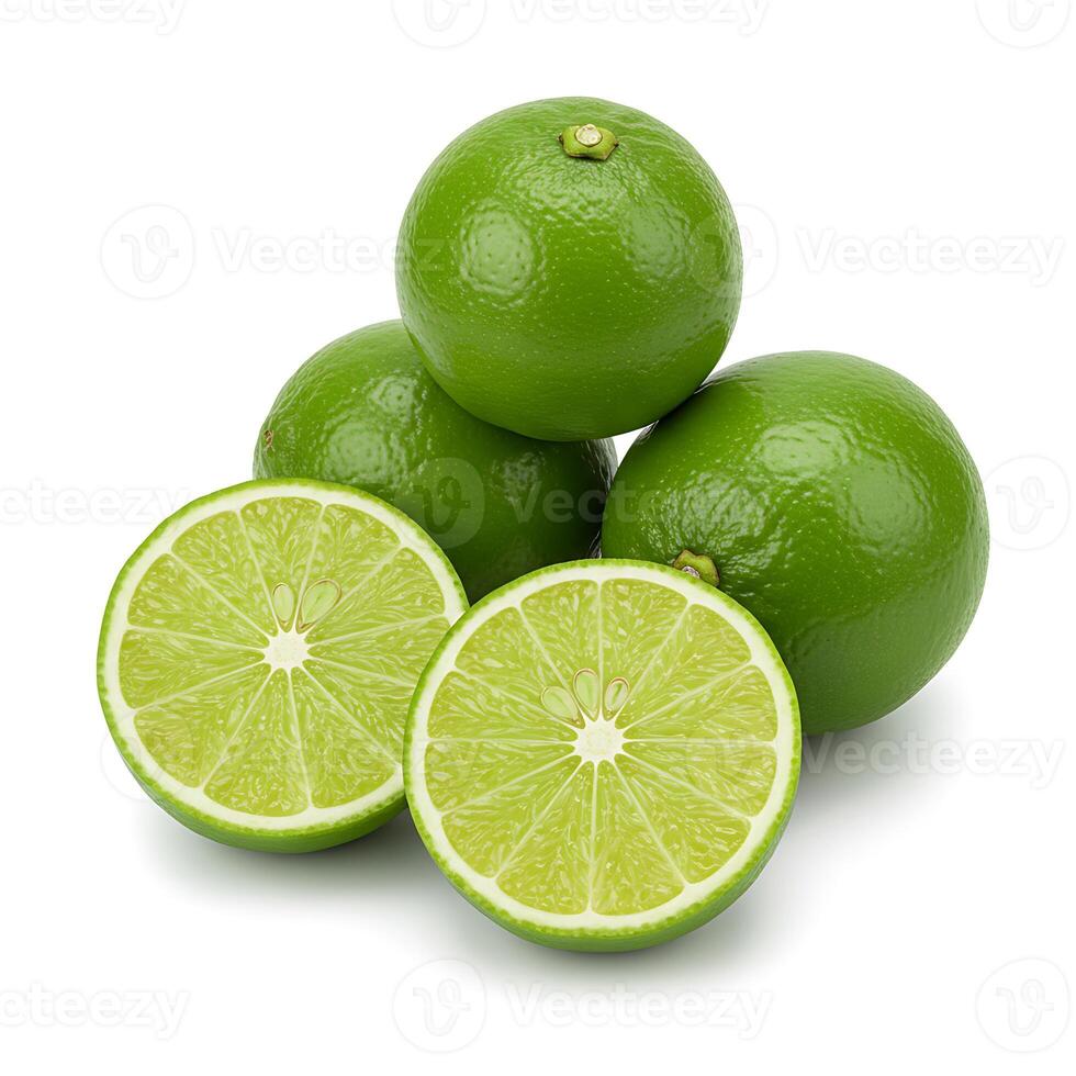 Juicy green citrus fruit, round lime and lime slices isolated on fresh white background photo