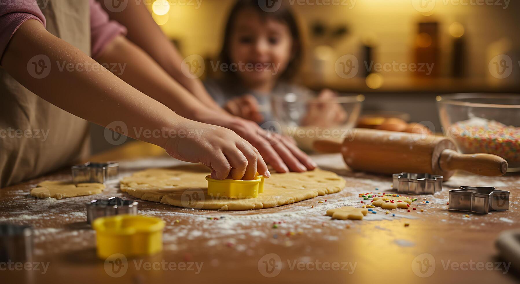 Child Using Cookie Cutters with Parent in Warm Home Kitchen photo