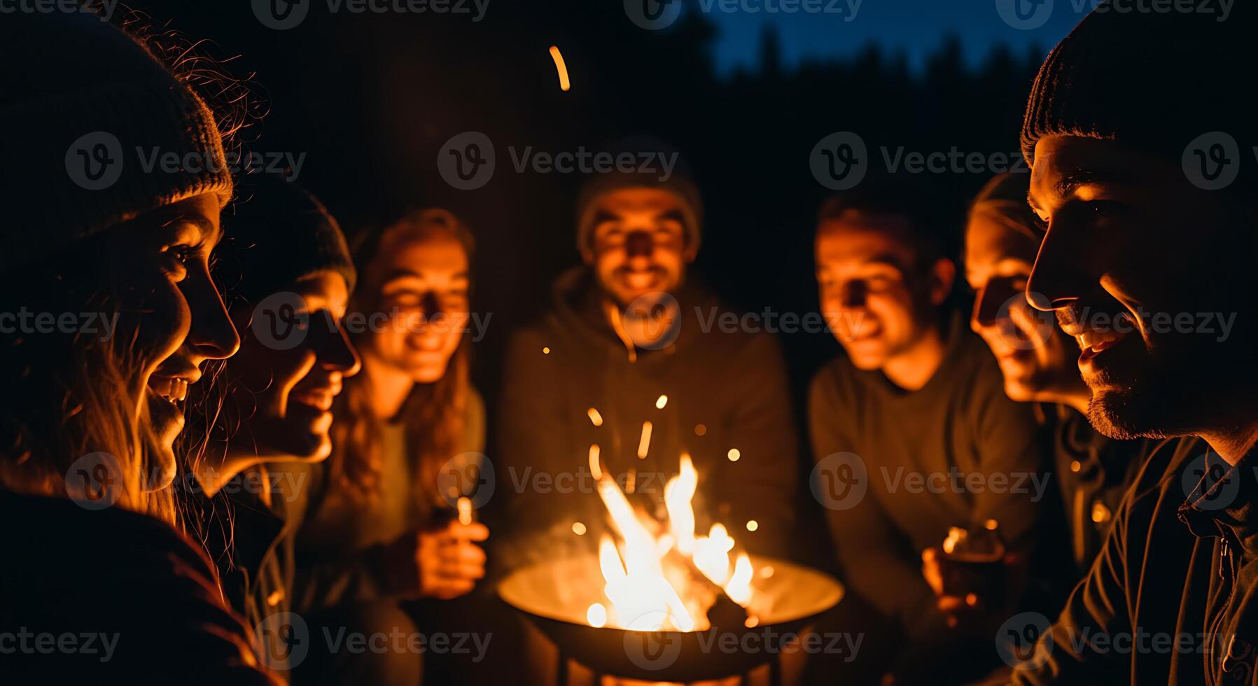 Group of Friends Enjoying Warm Campfire Night Outdoors, Smiling and Socializing in Cozy Beanies and Jackets photo