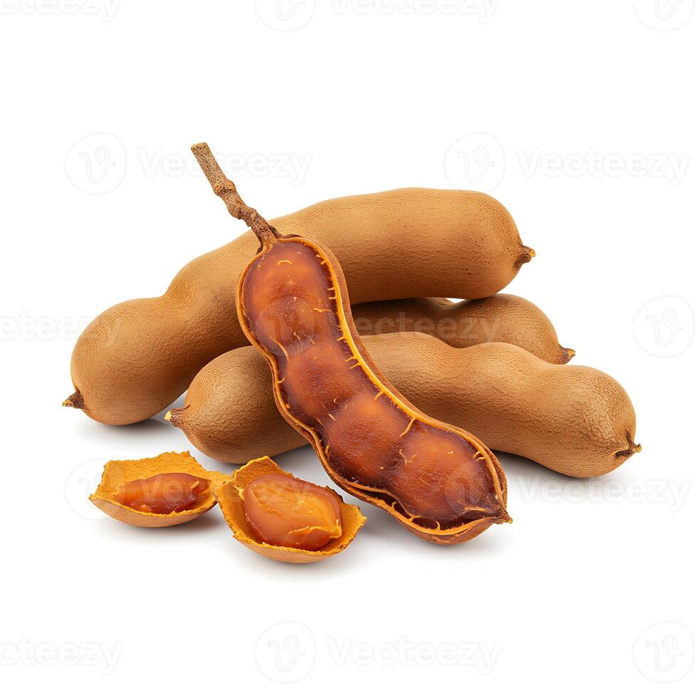 Isolated on white, tamarind is brown. one of the kitchen spices to produce a sour taste photo