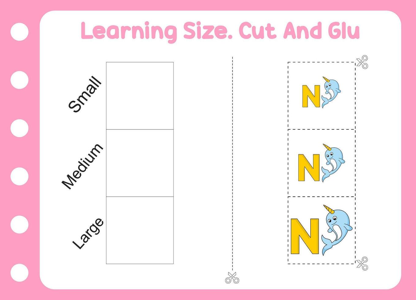 learning size , cut and glue cute narwhal. kids education and learning vector