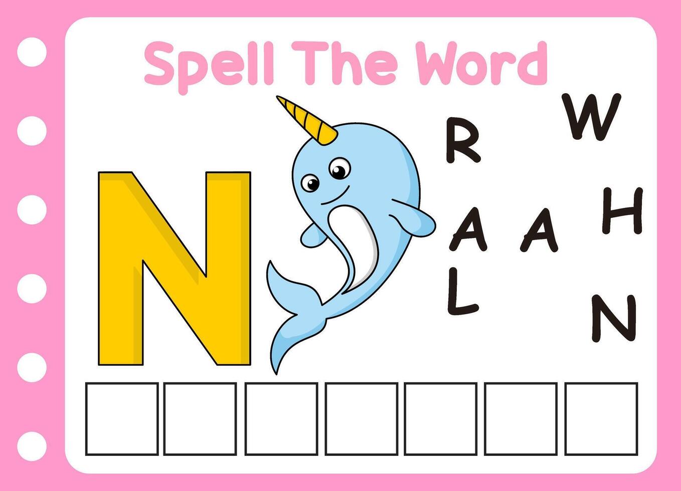 spell the word of cute narwhal . cute little lion with letter of n vector