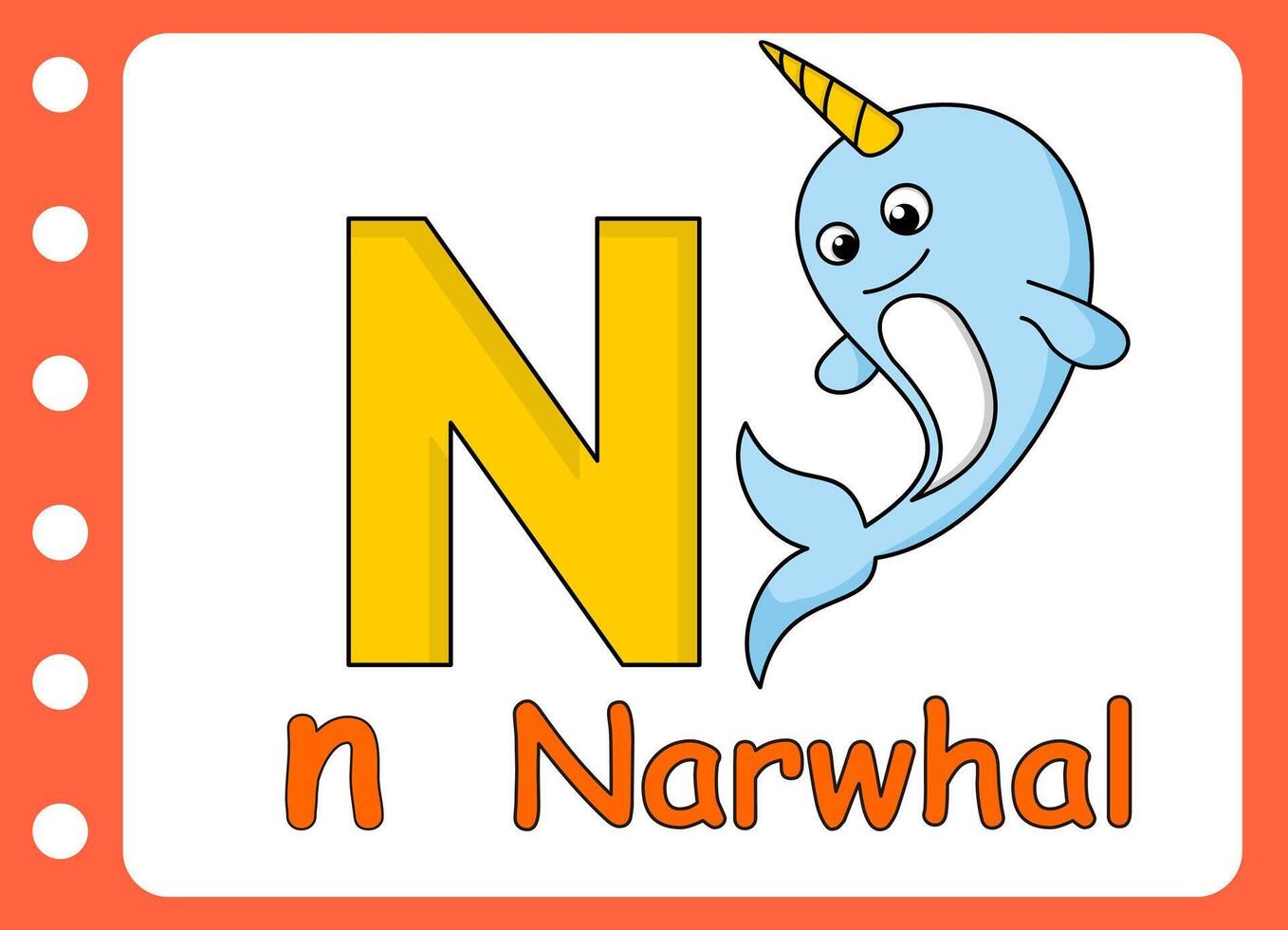 letter n for cute narwhal . kids education game learning vector