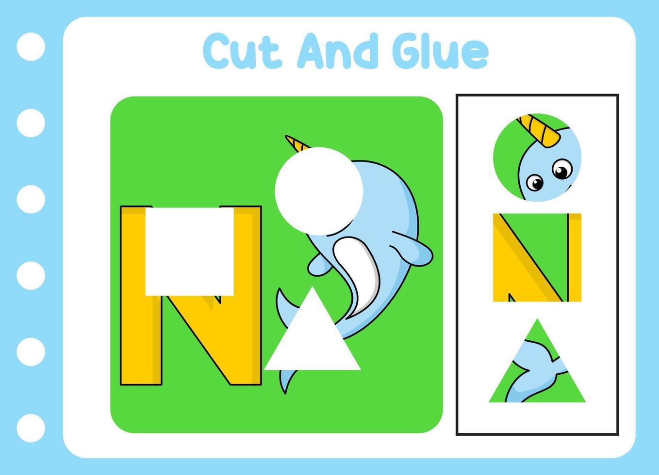 cut and glue animal cute narwhal. kids puzzle. vector