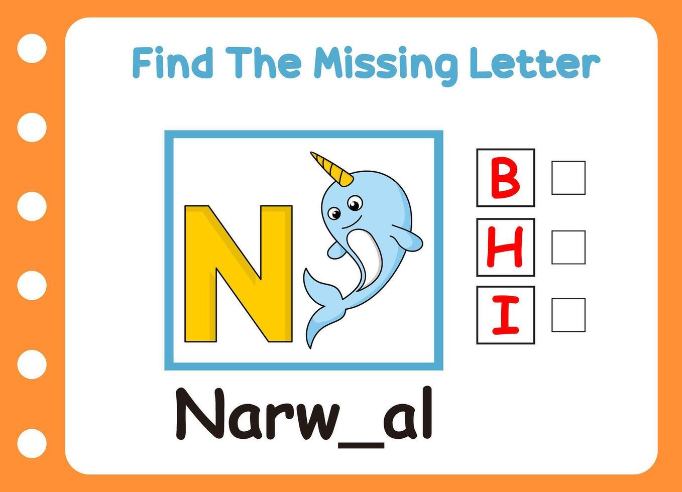 find missing letter of cute little narwhal. vector