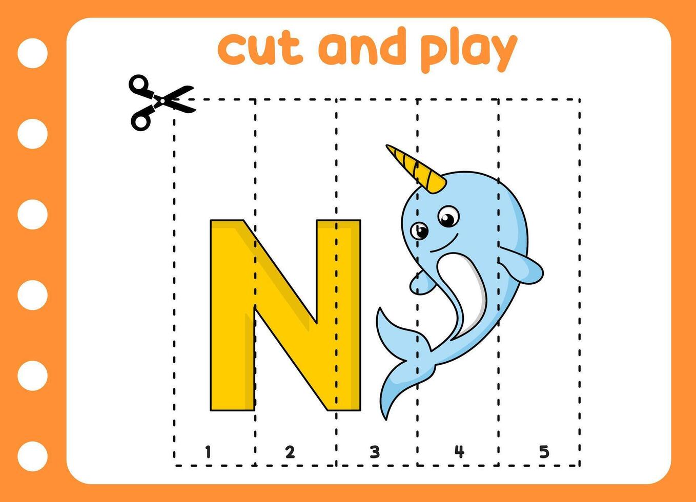 cut and play animal picture cute narwhal . kids game. vector