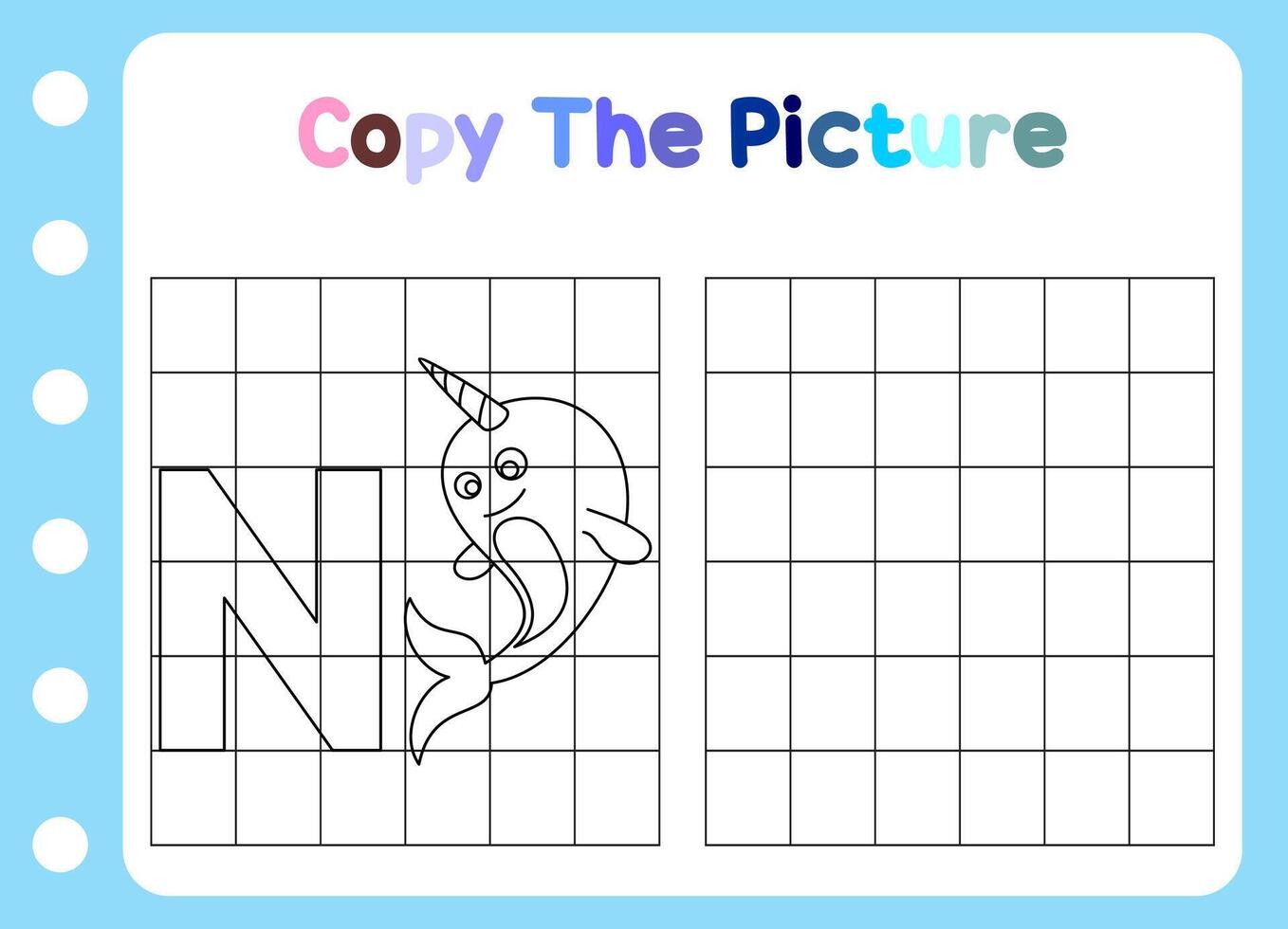 copy the picture of animal. cute narwhal Educational for children. vector