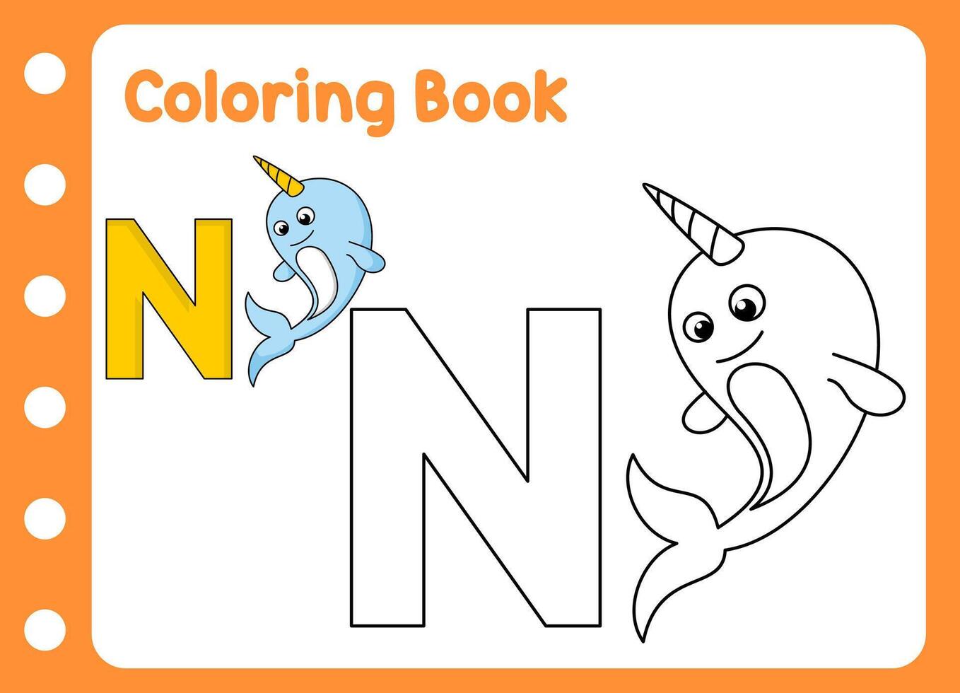 coloring book for kids. cute little narwhal vector