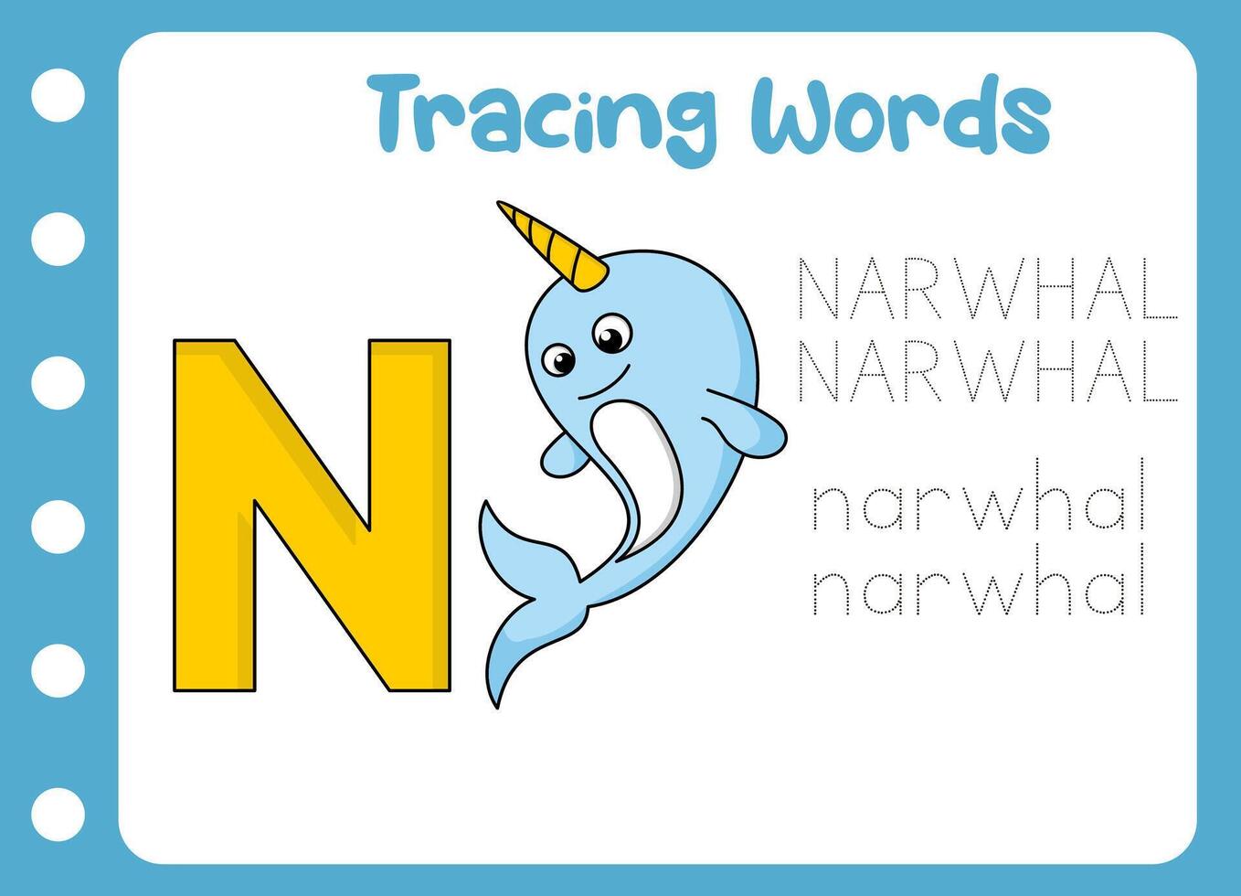 tracing the word of cute narwhal . animal education game vector