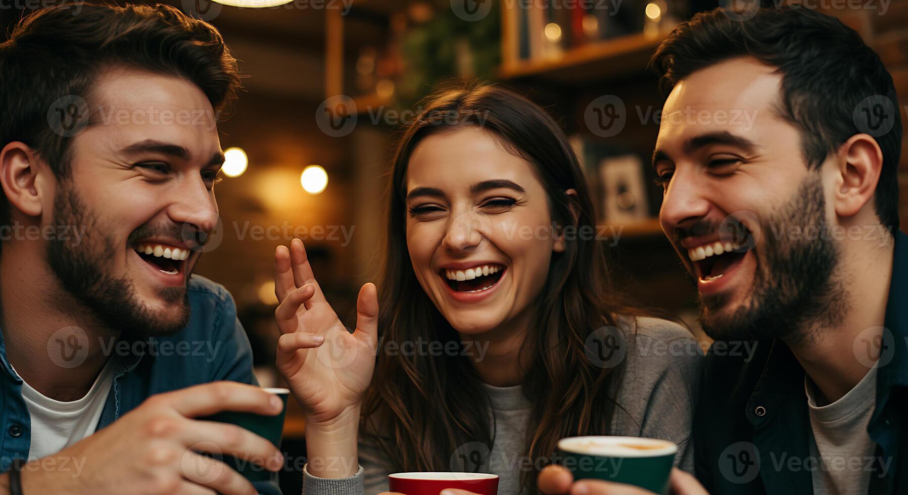 Three Friends Enjoying Lively Conversation and Coffee in Cozy Cafe with Warm Ambient Lighting photo