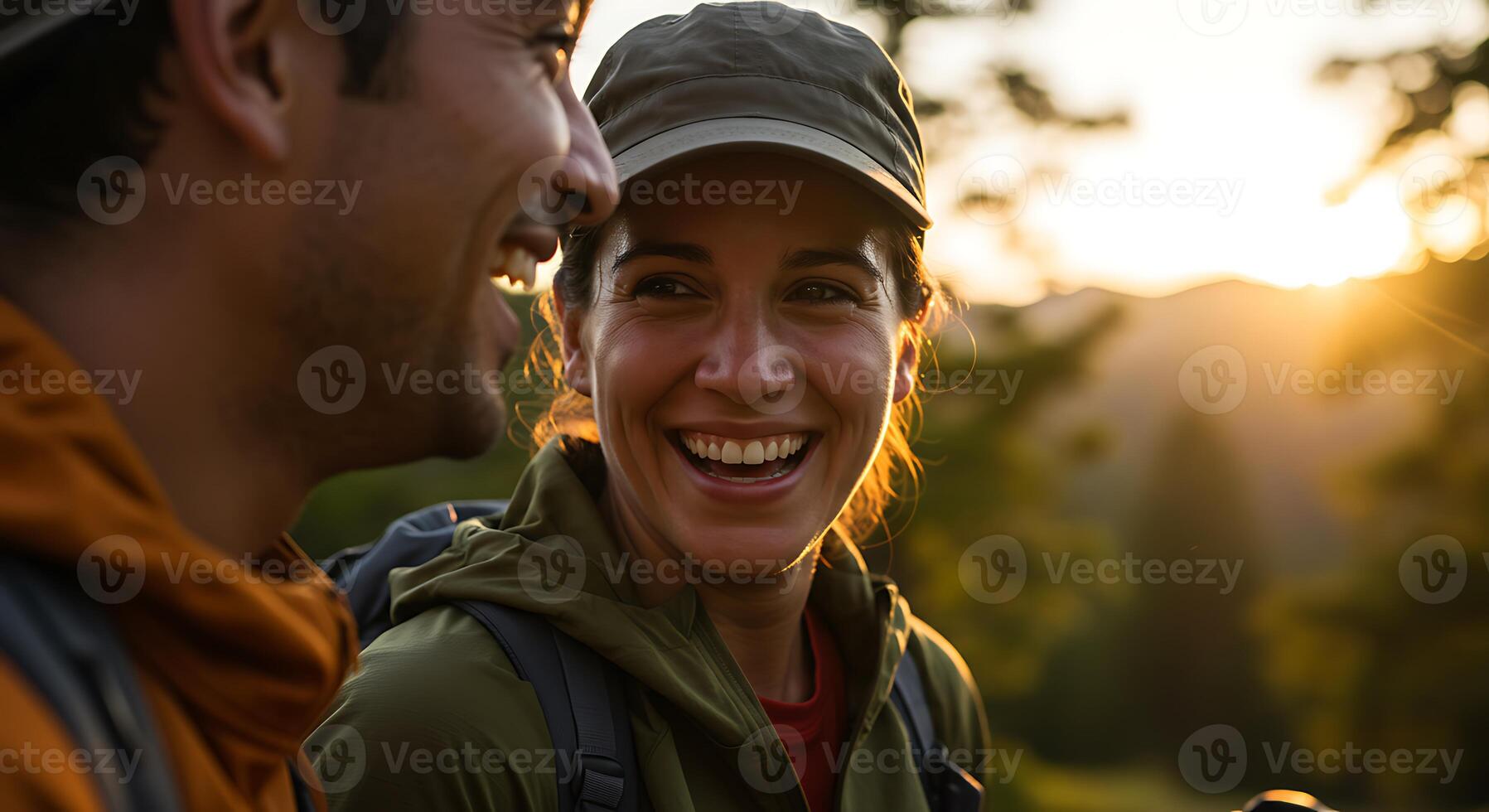 Happy Couple Enjoying Outdoor Adventure at Sunset, Smiling and Sharing Joyful Moment in Nature photo