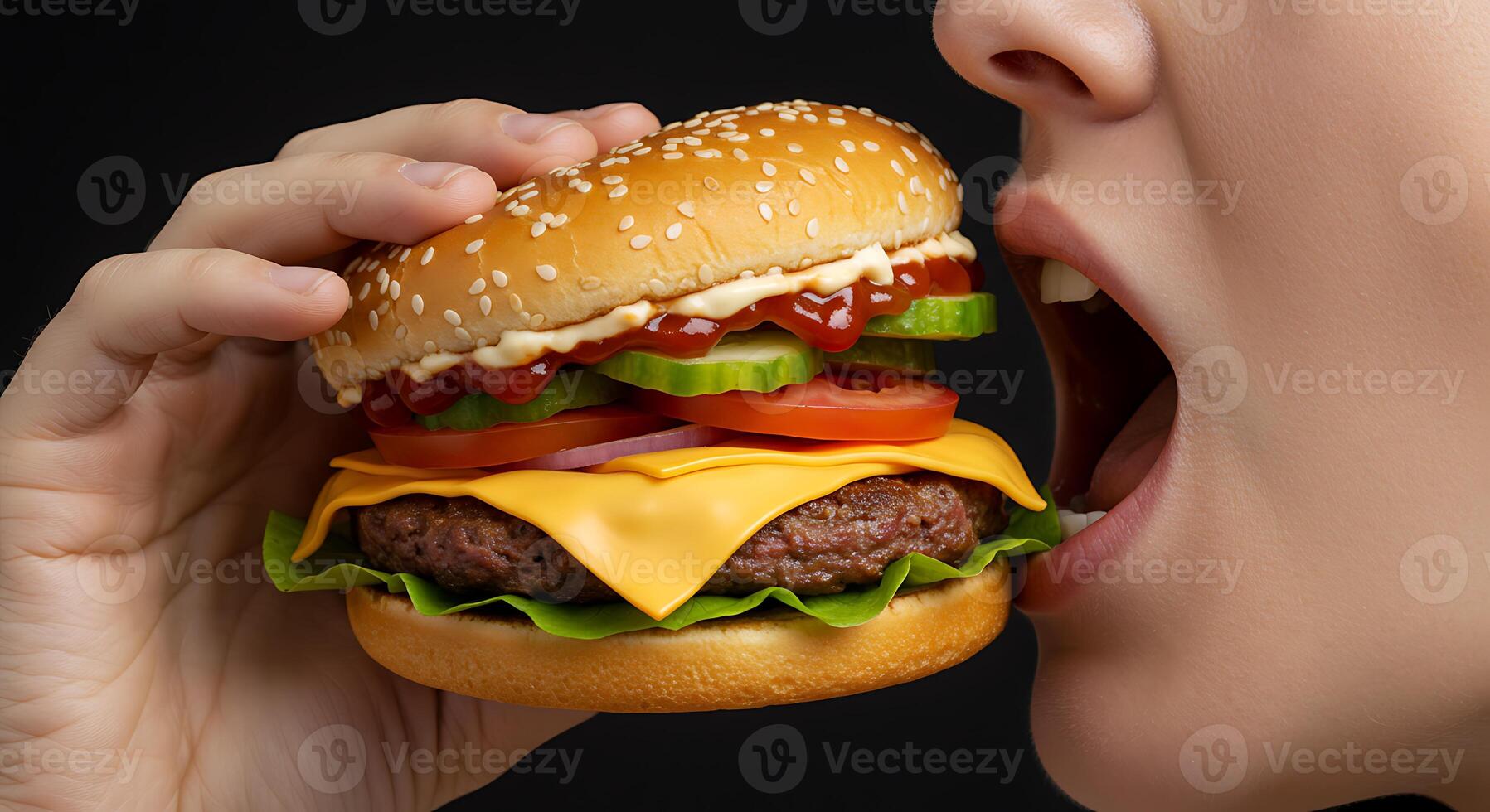 Close-up of Woman About to Eat Juicy Cheeseburger. Delicious Fast Food with Lettuce, Tomato, Pickle, Cheese and Sesame Bread on Black Background.. photo