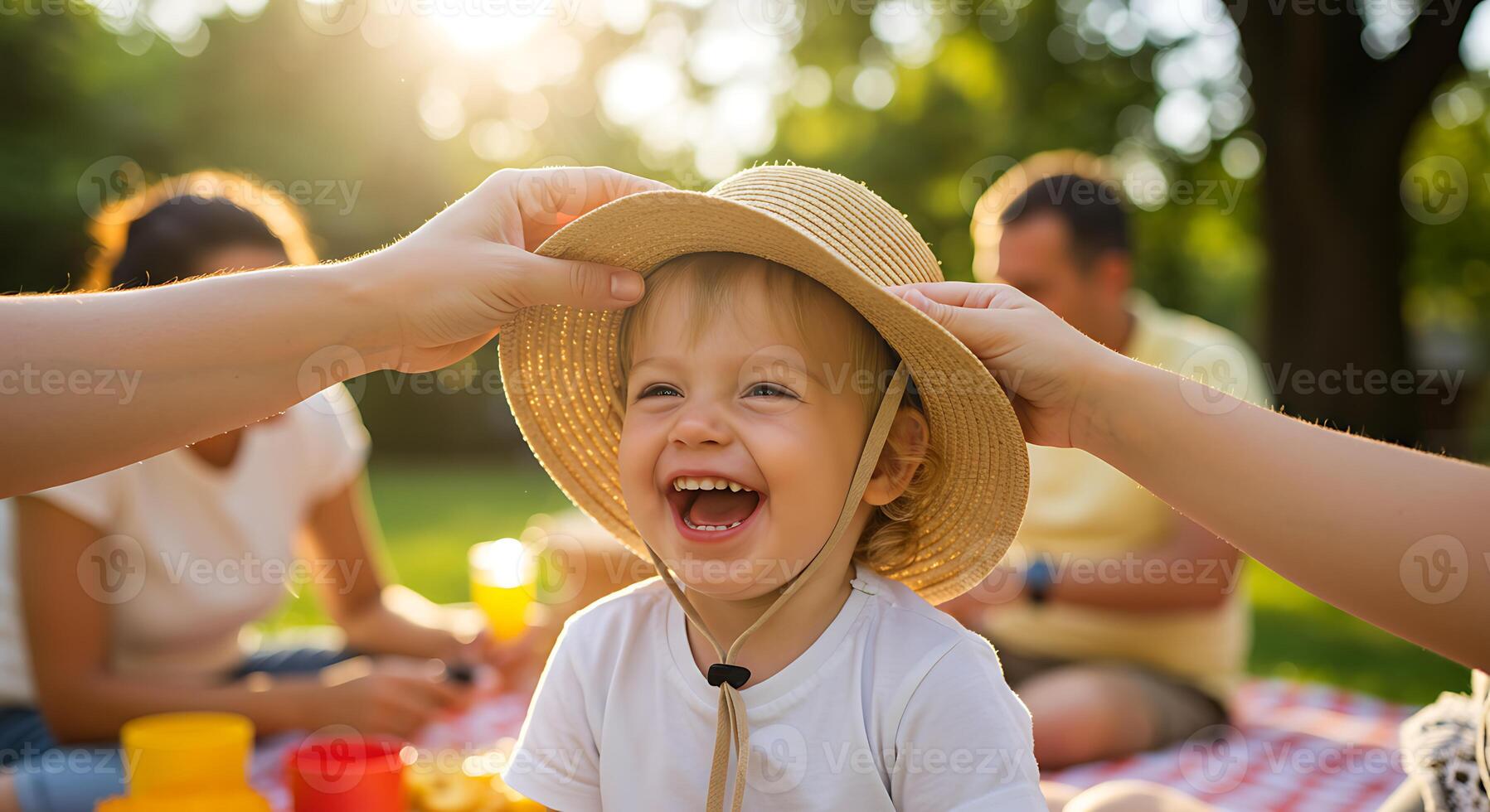 Parent Placing Sun Hat on Laughing Toddler During Family Picnic in Sunny Backyard photo