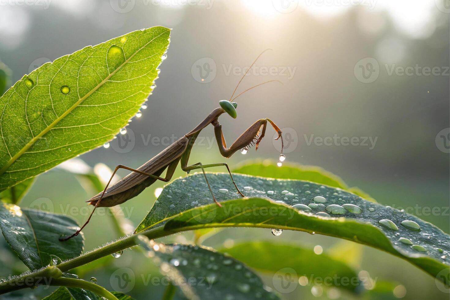 close up a praying mantisce is sitting on a leaf photo