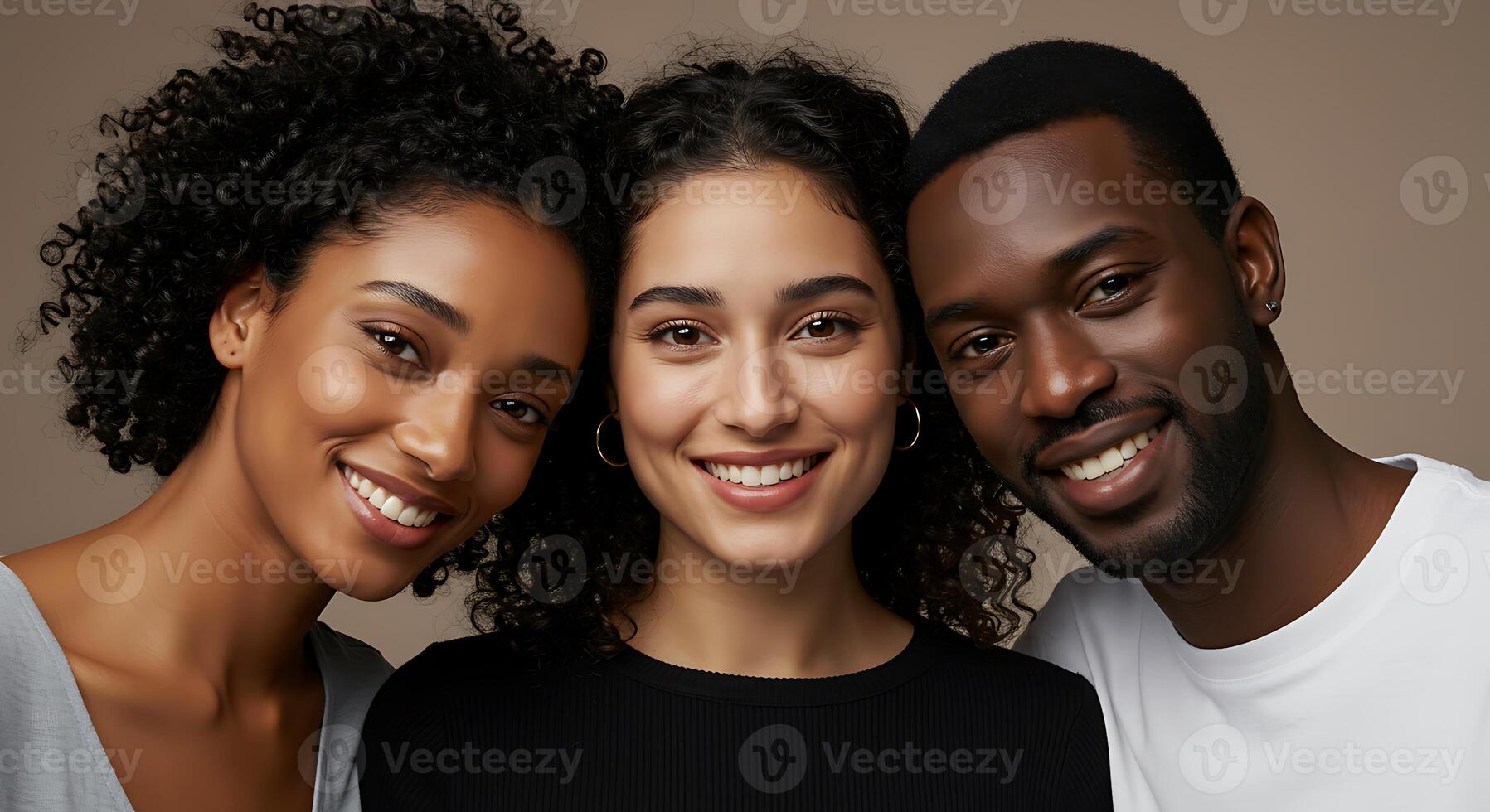 Friendly Trio of Smiling Young Adults with Diverse Hairstyles and Casual Clothing in Studio Portrait photo