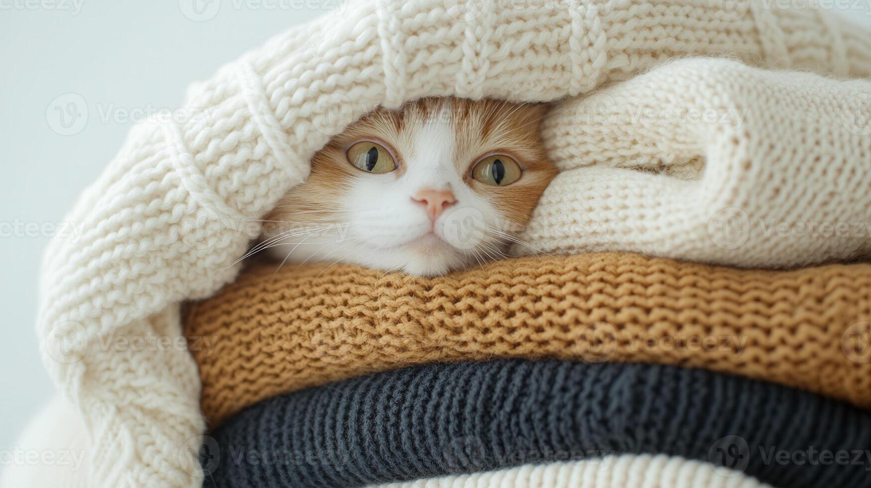 soft furry cat nestling between knitted White sweaters, relaxing in warm comfortable hiding spot photo