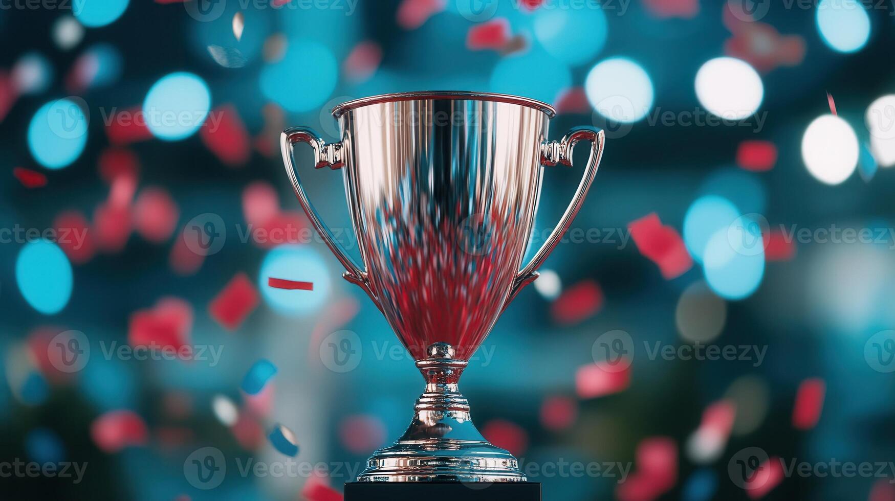 Gleaming silver sports against with cascading confetti, symbolizing championship triumph award softly blurred celebratory backdrop photo