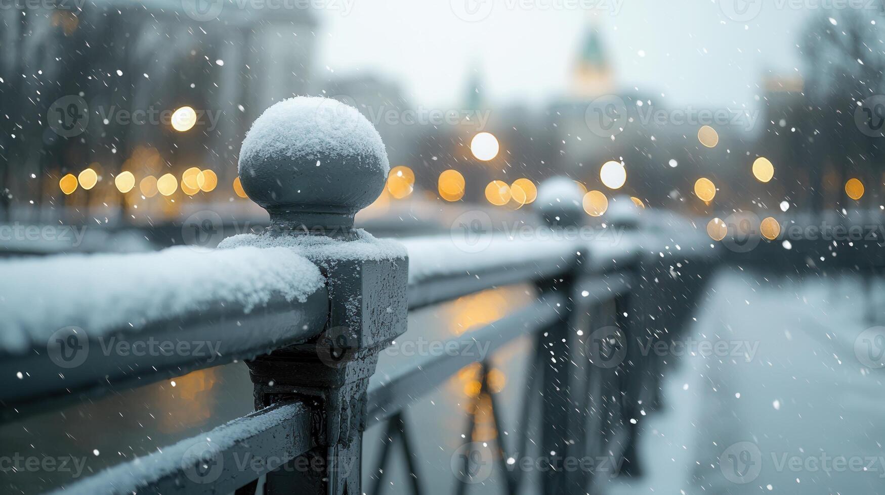 Delicate snowflakes drifting onto lights bridge railing, warm christmas atmosphere glowing softly during twilight winter city photo