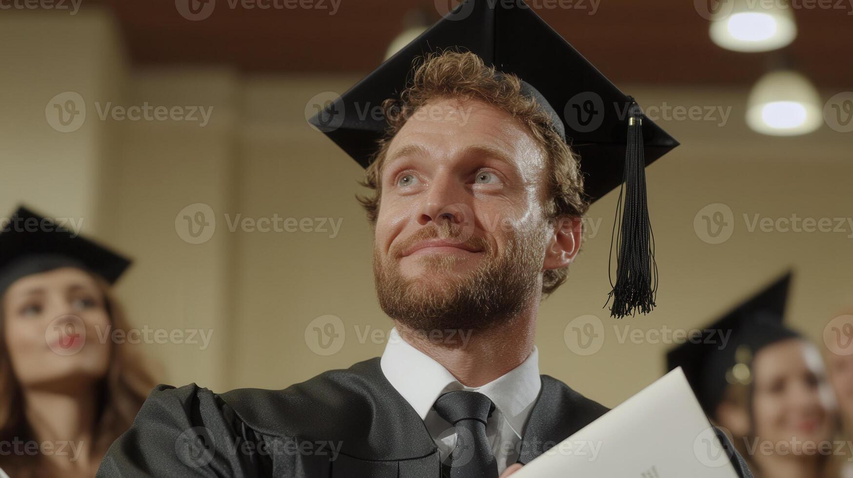 Joyful graduate celebrating academic achievement, skyward graduation cap tossing with infectious enthusiasm and wide smile photo