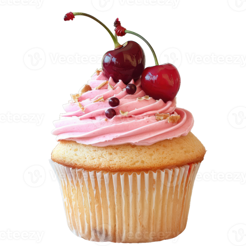 Cupcake With Sweet Pink Frosting and Cherry Garnish png
