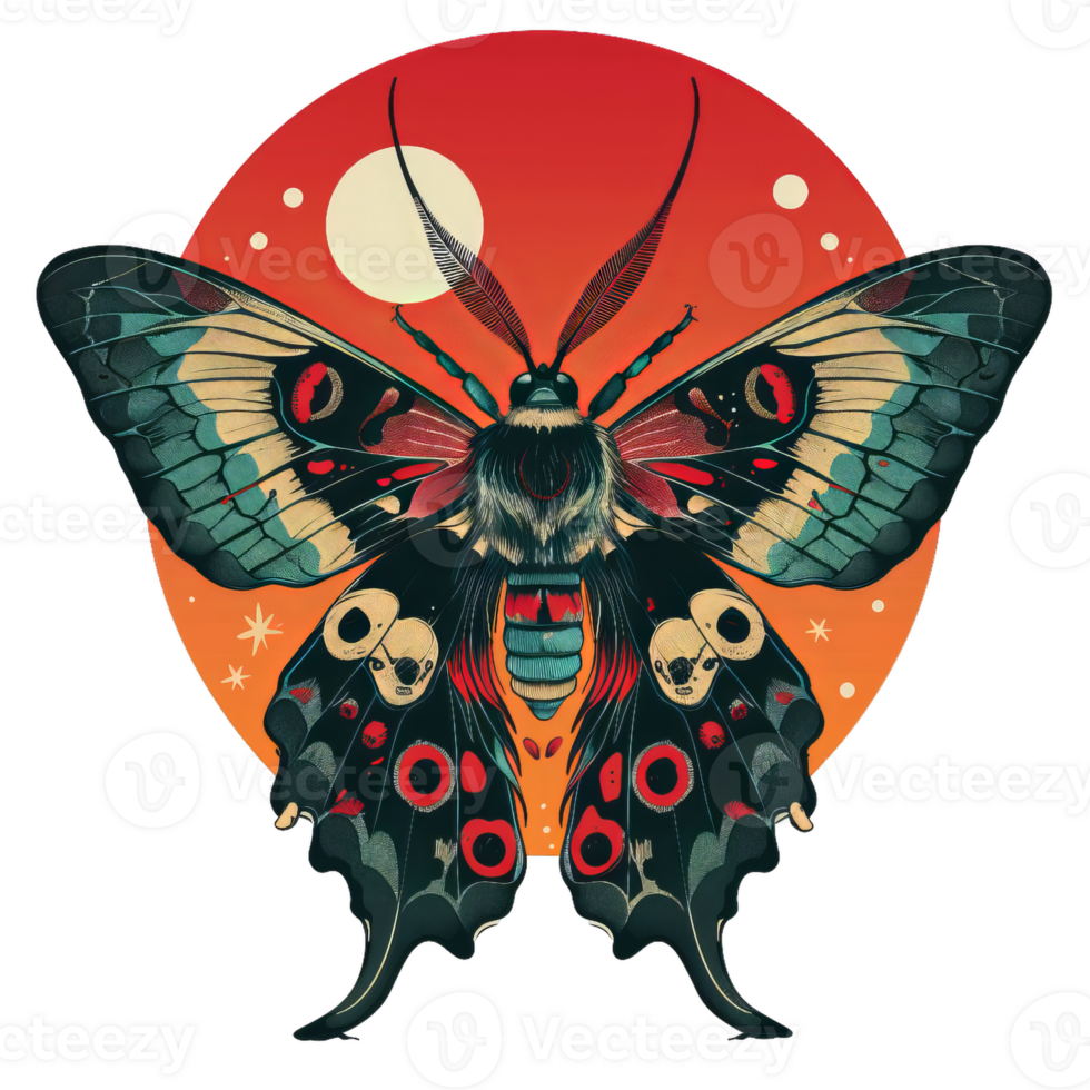 Moth With Skull And Moon Illustration. Fantasy Creature, Colorful Art. png
