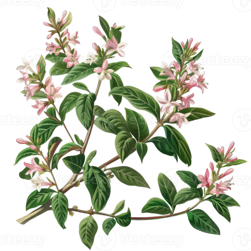 Vintage Weigela Flower Illustration, Pink Blooms And Green Leaves Botanical Art png