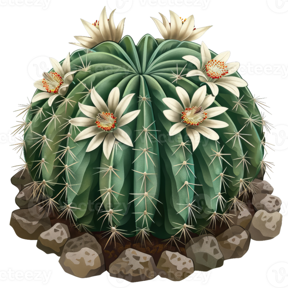 Blooming Barrel Cactus With White Flowers And Thorns png