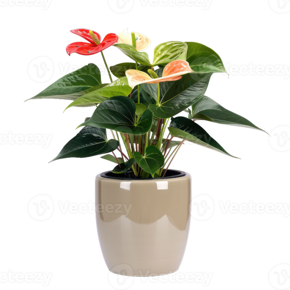 Elegant Anthurium Plant In A Pot - Red, Peach, And White Flowers With Glossy Green Leaves png