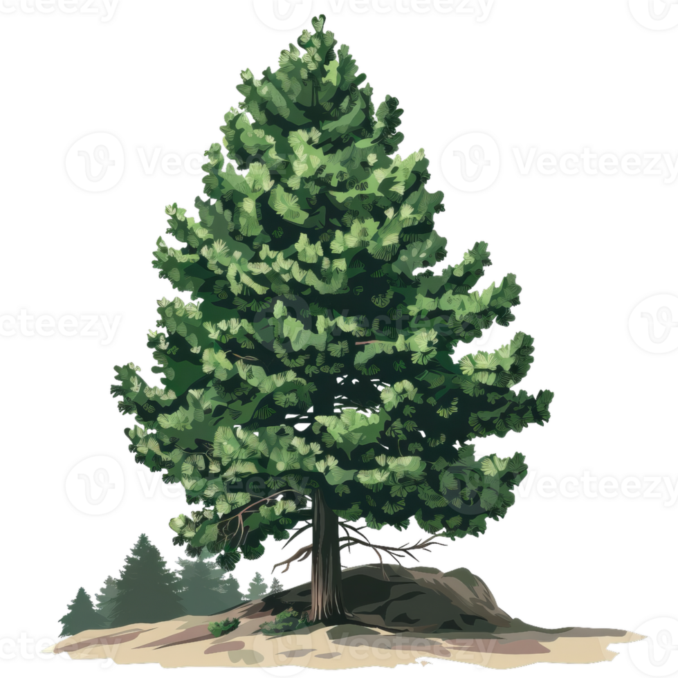 Cartoon Style Tree Illustration, Evergreen Conifer, Realistic Leaves On Sand Ground png